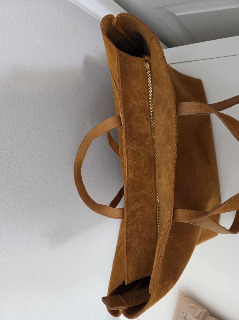 Madewell The Zip-Top Essential Suede Office Work Laptop Tote in Dark Camel Brown - Picture 12 of 15
